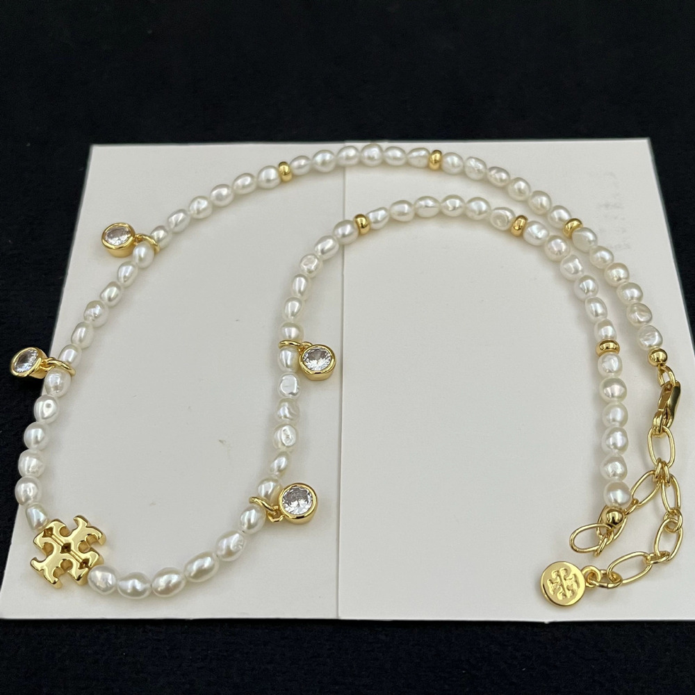 Tory Burch Vintage Natural Freshwater Pearl Letter Necklace